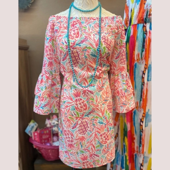 Charlie Paige Women's Off-Shoulder Pineapple Print Chiffon Style Vacation Dress - Picture 2 of 7